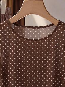 SHEIN Clasi 女款圓點百褶上衣搭配鬆緊腰長褲休閒日常兩件套 - 咖啡棕 - 查看 4