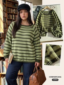 Comfortcana Plus Size Plus Size Striped Raglan Sleeve Long Sleeve Casual Sweater, Autumn/Winter - Green - View 7