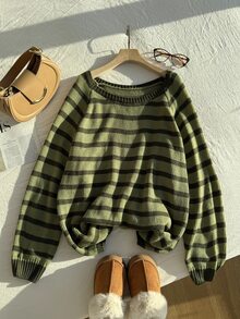 Comfortcana Plus Size Plus Size Striped Raglan Sleeve Long Sleeve Casual Sweater, Autumn/Winter - Green - View 5