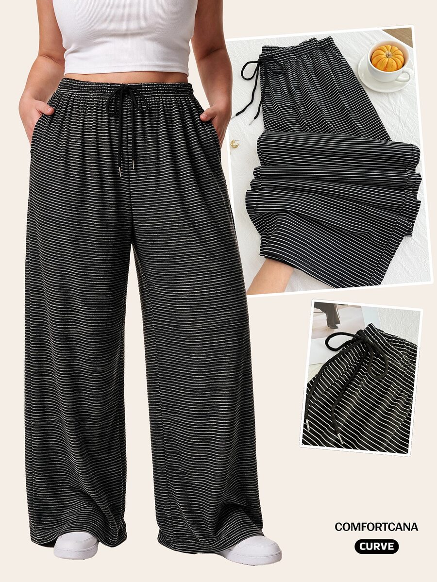 Comfortcana Plus Size Black And White Striped Casual Drawstring Pants, Autumn/Winter Stripe Pants Club Lounge Formal Fall - Black and White - View 1