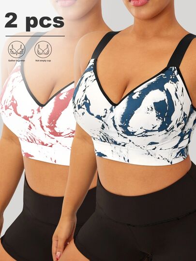 SHEIN Velisys Set van 2 stuks plus size sportbeha's met hoge ondersteuning, bloemenprint met inkttekening, vochtregulerend, verstelbare bandjes, racerback-model
