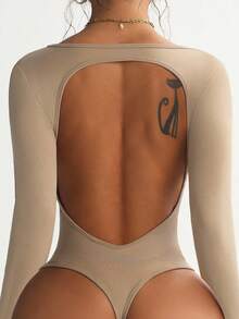 Velisys Velisys 2 PCS Women's Solid Color Backless Long Sleeve Crew Neck Jumpsuit Long Sleeve Bodysuit Workout Bodysuit Seamless Workout Bodysuit - Multicolor - View 6