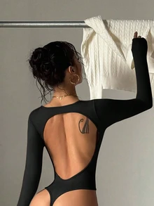 Velisys Velisys 2 PCS Women's Solid Color Backless Long Sleeve Crew Neck Jumpsuit Long Sleeve Bodysuit Workout Bodysuit Seamless Workout Bodysuit - Multicolor - View 3