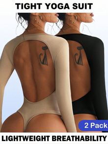 Velisys Velisys 2 PCS Women's Solid Color Backless Long Sleeve Crew Neck Jumpsuit Long Sleeve Bodysuit Workout Bodysuit Seamless Workout Bodysuit - Multicolor - View 1
