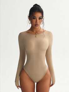 Velisys Velisys 2 PCS Women's Solid Color Backless Long Sleeve Crew Neck Jumpsuit Long Sleeve Bodysuit Workout Bodysuit Seamless Workout Bodysuit - Multicolor - View 4