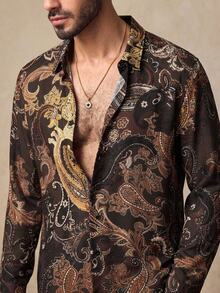 HIMLAND 男士佩斯利花紋長袖單排扣休閒襯衫 - 棕色 - 查看 1