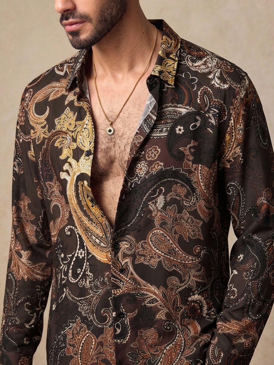 HIMLAND 男士佩斯利花紋長袖單排扣休閒襯衫 - 棕色 - 查看 1