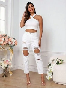 SHEIN PETITE Women's Casual Solid Color Distressed Denim Jeans, Summer - White - View 4