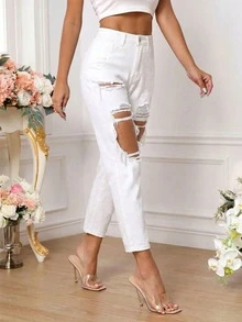 SHEIN PETITE Women's Casual Solid Color Distressed Denim Jeans, Summer - White - View 3