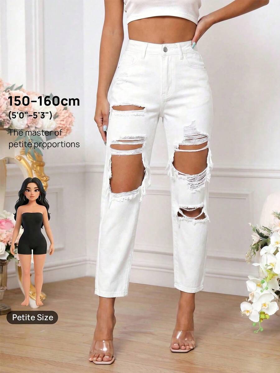 SHEIN PETITE Women's Casual Solid Color Distressed Denim Jeans, Summer - White - View 1