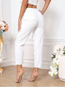 SHEIN PETITE Women's Casual Solid Color Distressed Denim Jeans, Summer - White - View 2