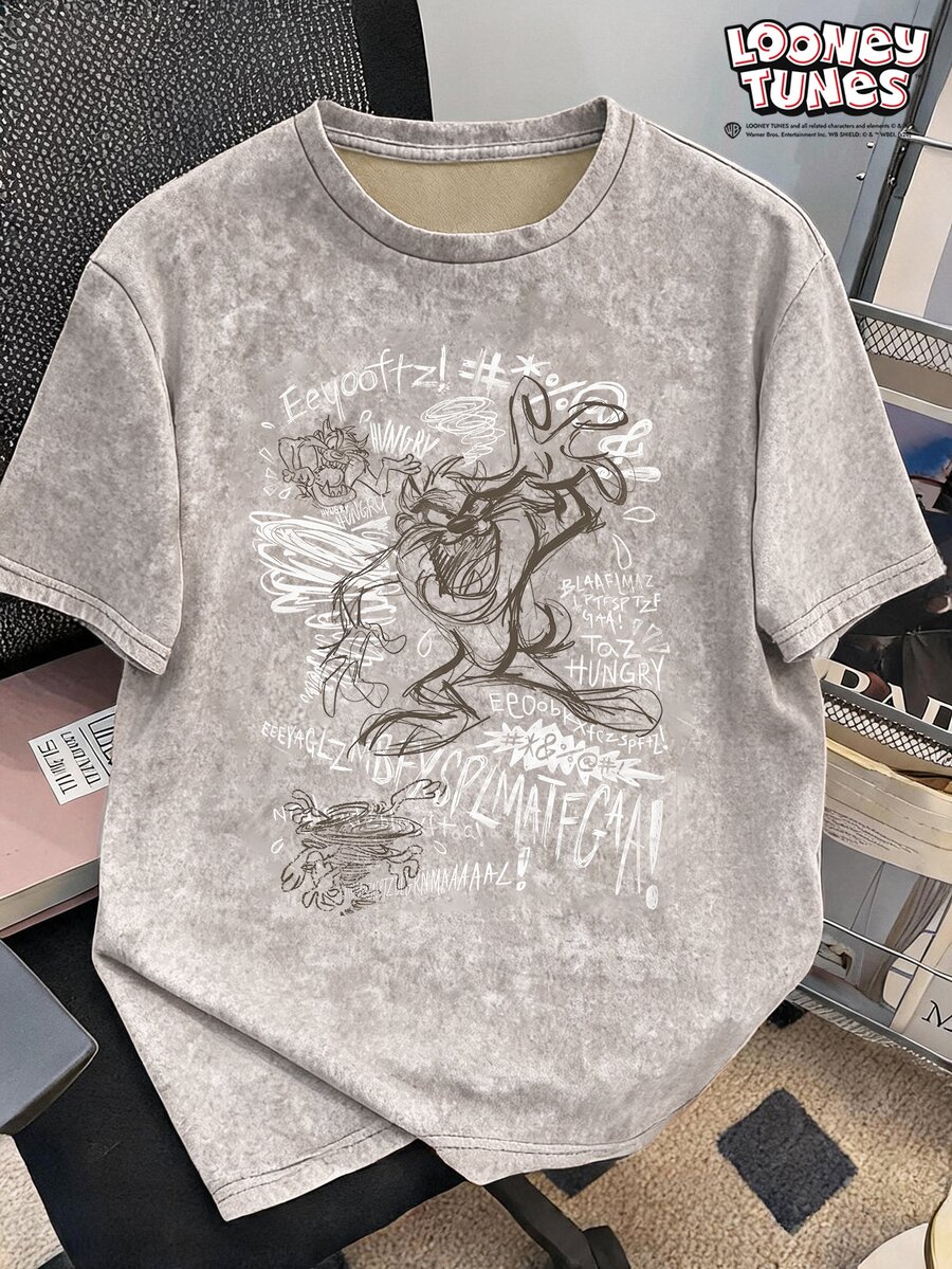 LOONEY TUNES X SHEIN Daypath Men's Brown 60% Cotton Washed Short Sleeve T-Shirt - Brown - View 1
