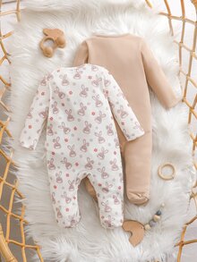Newborn Baby Girl Cute Casual Knitted Cartoon Pattern Long Sleeve Romper Home Wear 2pcs Set Neutral - Apricot - View 2