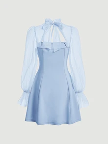 SHEIN MOD Ladies' Contrast Mesh Lace Sleeve Dress - Baby Blue - View 4