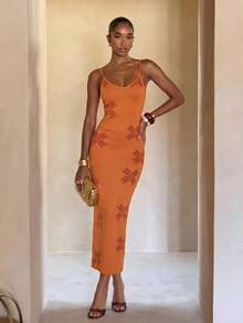 Lumalex Women's Floral Pattern Fitted Elegant Casual Sleeveless Knit Dress Autumn Boho Maxi Dress For Brunch Beach Vacations Simple Pleated Design - Orange - View 1