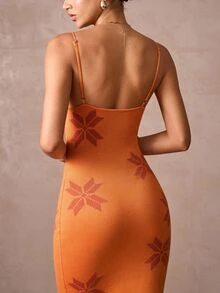 Lumalex Women's Floral Pattern Fitted Elegant Casual Sleeveless Knit Dress Autumn Boho Maxi Dress For Brunch Beach Vacations Simple Pleated Design - Orange - View 6
