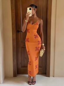 Lumalex Women's Floral Pattern Fitted Elegant Casual Sleeveless Knit Dress Autumn Boho Maxi Dress For Brunch Beach Vacations Simple Pleated Design - Orange - View 7