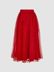 SHEIN MOD Solid Color Mesh Skirt - Red - View 2