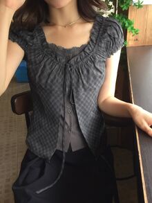 DAZY 方領百褶泡泡短袖灰色格紋綁腰甜美風女款上衣可愛上衣 - 淺灰色 - 查看 5