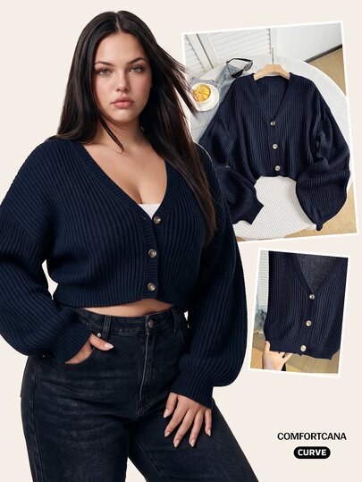 Comfortcana Suéter de manga larga con cuello en V y botones en talla grande, color azul marino