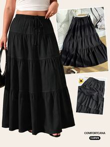 Comfortcana Plus Size Casual Loose Elasticated Waist Ruffle Hem Skirt - Black - View 1