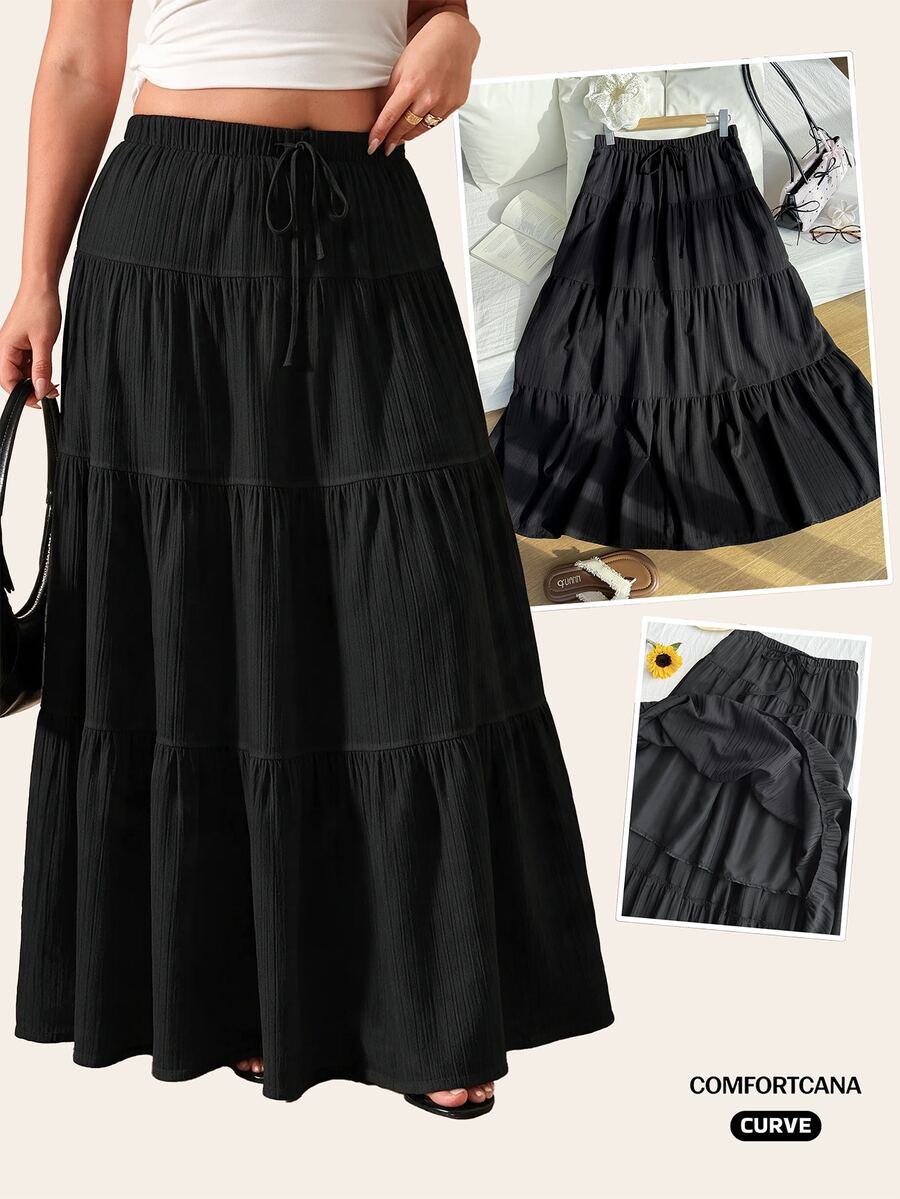 Comfortcana Plus Size Casual Loose Elasticated Waist Ruffle Hem Skirt - Black - View 1