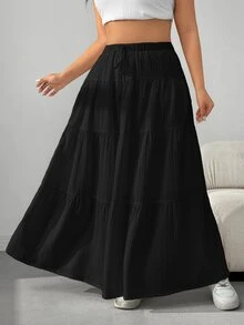 Comfortcana Plus Size Casual Loose Elasticated Waist Ruffle Hem Skirt - Black - View 7