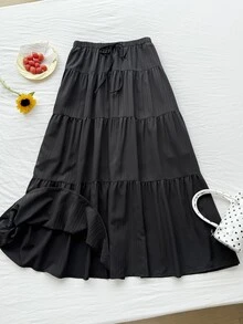 Comfortcana Plus Size Casual Loose Elasticated Waist Ruffle Hem Skirt - Black - View 6