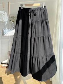 Comfortcana Plus Size Casual Loose Elasticated Waist Ruffle Hem Skirt - Black - View 5