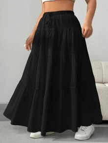 Comfortcana Plus Size Casual Loose Elasticated Waist Ruffle Hem Skirt - Black - View 8