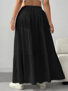 Comfortcana Plus Size Casual Loose Elasticated Waist Ruffle Hem Skirt - Black - View 2