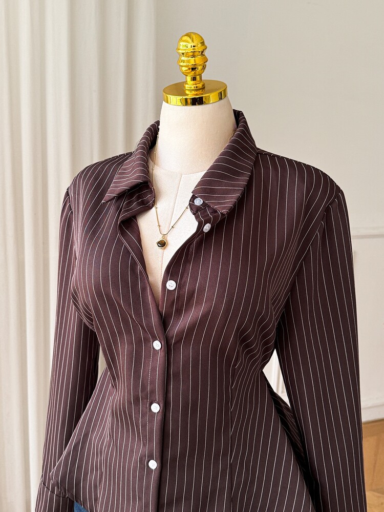 Comfortcana Plus Size Women's Autumn/ Brown Long Sleeve Single-Breasted Shirt Teachers' Day Formal Office Formal Formal Formal Elegant - Brown - View 5