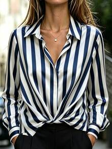 Omancia Women's Navy Blue Digital Print Striped Loose Fit Collared Long Sleeve White Resin Button Hem Ruched Cinched Waist Elegant Commuter Unique Design Blouse - Blue - View 8