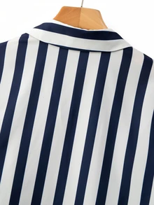Omancia Women's Navy Blue Digital Print Striped Loose Fit Collared Long Sleeve White Resin Button Hem Ruched Cinched Waist Elegant Commuter Unique Design Blouse - Blue - View 6