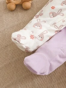 SHEIN 新生女嬰可愛休閒針織卡通圖案長袖連身衣居家服 2件套 - 淡紫色 - 查看 4