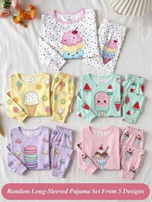 SHEIN 女童波點印花刺繡冰淇淋圖案上衣與長褲睡衣套裝 - 白色 - 查看 2