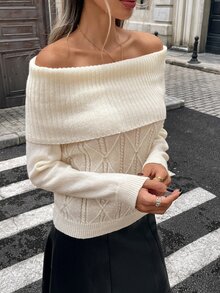 Livesso 女款純色露肩休閒百搭日常長袖針織衫 秋冬 - 白色 - 查看 3