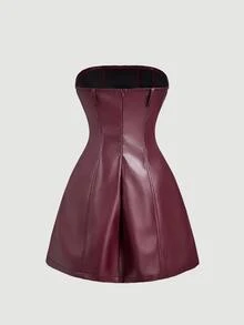 SHEIN MOD 女款時尚酒紅色PU皮革兩件套，秋季派對之夜時尚短版夾克與單排扣抹胸管裙，純色人造皮革套裝 - 酒紅色 - 查看 7