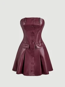 SHEIN MOD 女款時尚酒紅色PU皮革兩件套，秋季派對之夜時尚短版夾克與單排扣抹胸管裙，純色人造皮革套裝 - 酒紅色 - 查看 6