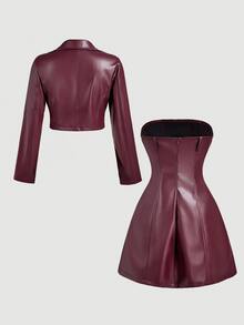 SHEIN MOD 女款時尚酒紅色PU皮革兩件套，秋季派對之夜時尚短版夾克與單排扣抹胸管裙，純色人造皮革套裝 - 酒紅色 - 查看 3
