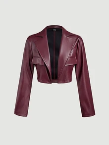 SHEIN MOD 女款時尚酒紅色PU皮革兩件套，秋季派對之夜時尚短版夾克與單排扣抹胸管裙，純色人造皮革套裝 - 酒紅色 - 查看 4