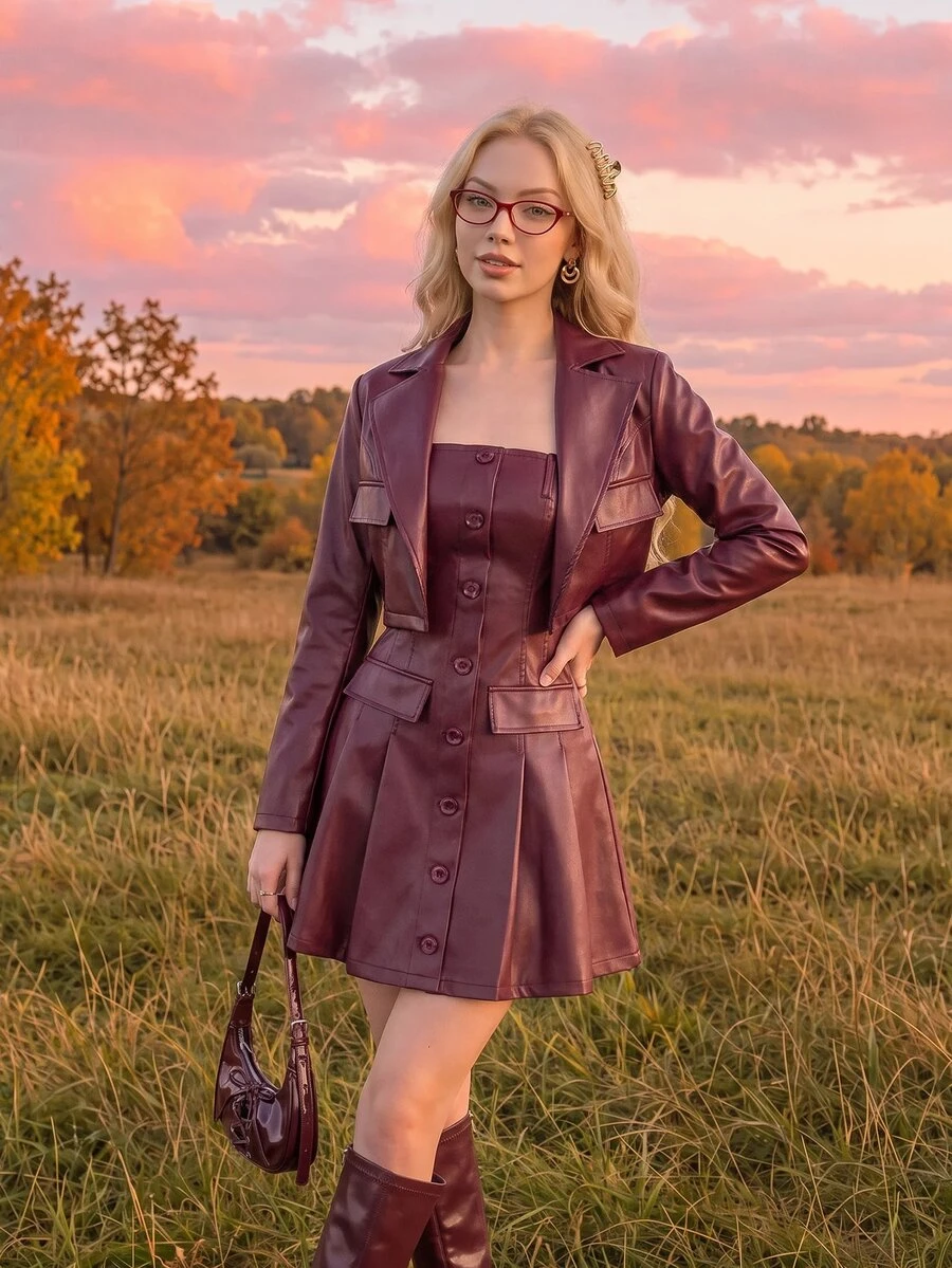 SHEIN MOD 女款時尚酒紅色PU皮革兩件套,秋季派對之夜時尚短版夾克與單排扣抹胸管裙,純色人造皮革套裝 - 酒紅色 - 查看 1