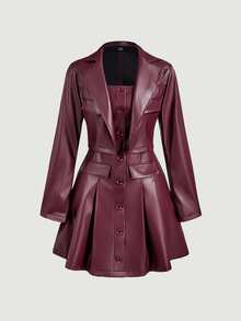 SHEIN MOD 女款時尚酒紅色PU皮革兩件套，秋季派對之夜時尚短版夾克與單排扣抹胸管裙，純色人造皮革套裝 - 酒紅色 - 查看 10