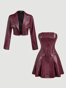 SHEIN MOD 女款時尚酒紅色PU皮革兩件套，秋季派對之夜時尚短版夾克與單排扣抹胸管裙，純色人造皮革套裝 - 酒紅色 - 查看 13