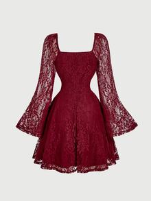 SHEIN MOD 女式甜心领荷叶边胸围褶饰喇叭袖蕾丝连衣裙 - 酒紅色 - 查看 4