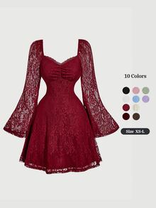 SHEIN MOD 女式甜心领荷叶边胸围褶饰喇叭袖蕾丝连衣裙 - 酒紅色 - 查看 8