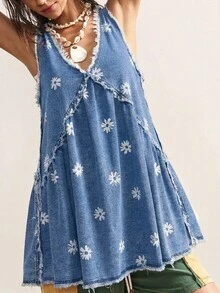 Bohemela Gaun Denim Longgar Leher V dengan Desain Bertekstur Halus Ukuran Plus, Cocok untuk Pakaian Musim Panas Wanita - Light Wash - View 5