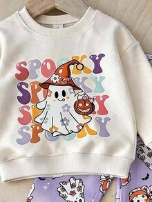 萬聖節女童幼兒清新時尚彩色可愛南瓜裝飾基本款圓領運動衫與內搭褲2件套度假套裝花卉格紋 - 彩色 - 查看 5
