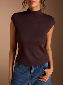 SHEIN BASICS Tank Top Wanita Minimalis Serbaguna Warna Solid Cokelat Tua, Cocok untuk Acara Brunch, Kembali ke Sekolah, Pakaian Kerja, Pakaian Sehari-hari di Kantor, dan Musim Panas - Coffee Brown - View 6