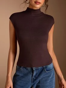 SHEIN BASICS Tank Top Wanita Minimalis Serbaguna Warna Solid Cokelat Tua, Cocok untuk Acara Brunch, Kembali ke Sekolah, Pakaian Kerja, Pakaian Sehari-hari di Kantor, dan Musim Panas - Coffee Brown - View 3